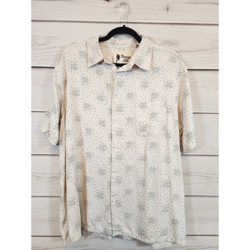 Vintage Silk Mens XXL Cream Silk Blend Button Down Short Sleeve Camp Shirt Dot
